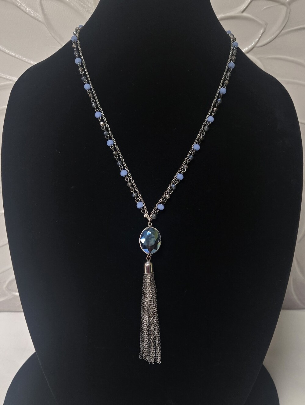 Vintage Multi Strand Chain And Blue Pendent Necklace